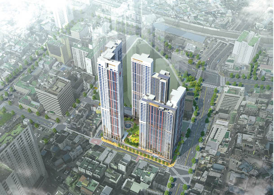  The photo shows an aerial view of Hillstate Dongin Central which is located in Jung District, Daegu. [HYUNDAI E&C]