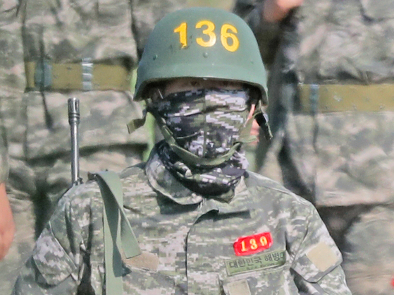Son Heung-min of Tottenham Hotspur heads back to the main training camp of the Marine Corps on Jeju Island on Wednesday. He is currently completing the requirements of a three-week military service exemption. [YONHAP]