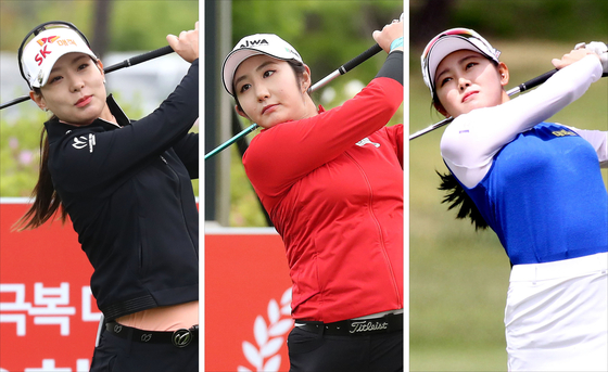 From left: Kim Char-young, Bae Seon-woo and Hyun Se-lin watch their shots during the first round of the 42nd LPGA Championship at the Lakewood Country Club in Yangju, Gyeonggi, on Thursday. [NEWS1/KLPGA]