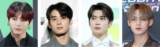 Four celebrities were said to have visited Itaewon last month. From left are: Jungkook of boy band BTS, actor and singer Cha Eun-woo of Astro, Jaehyun of NCT and Minkyu of Seventeen. [ILGAN SPORTS]