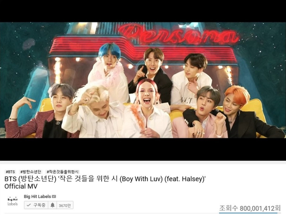 BTS's "Boy With Luv" (2019) passed 800 million views on YouTube on Thursday morning. [BIG HIT ENTERTAINMENT]