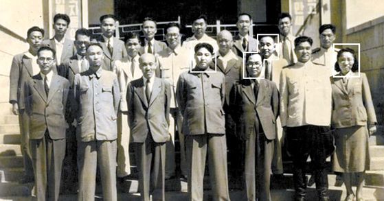 The North Korean leadership 70 years ago. Cadres marked with white squares from the left: Prime Minister Kim Il Sung, Foreign Minister Park Hon-yong, Financial Minister Choi Chang-ik and his former wife, Cultural Minister Mrs. Ho Jong-suk [FROM THE COLLECTION OF THE HUNGARIAN EMBASSY]