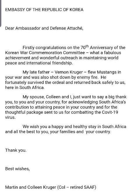 An email from veteran Vernon Kruger's family to the Korean Embassy in South Africa. [EMBASSY OF KOREA IN SOUTH AFRICA]