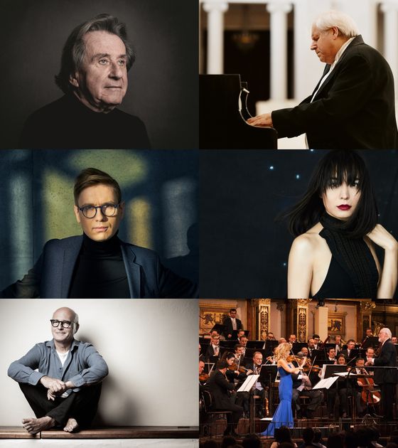 Clockwise from top left: Rudolf Buchbinder; Grigory Sokolov; Alice Sara Ott; John Williams with Anne-Sophie Mutter and the Vienna Philharmonic; Ludovico Einaudi; and Víkingur Ólafsson. [UNIVERSAL MUSIC KOREA]