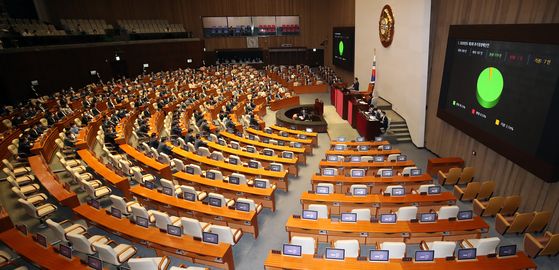 This year's third supplementary budget approved in a landslide vote at the National Assembly late Friday with the help of the ruling Democratic Party that holds the majority seats while the main opposition United Future Party seats are emptied as the conservative lawmakers decided not to take part in the what the party claims a rushed review on the budget to meet the Blue House deadline. [YONHAP]