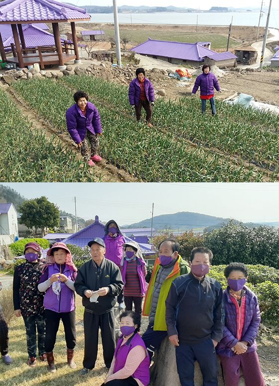 Some of the about 120 residents on the islands pose while wearing purple clothing. Recently they've even coordinated their face masks. [SINAN COUNTY]