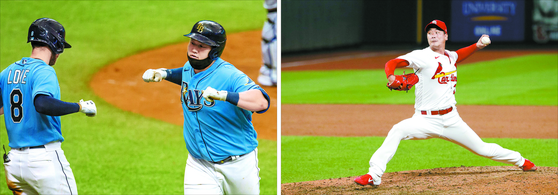  Choi Ji-man of the Tampa Bay Rays, left, celebrates after hitting a solo home run during a game against the Toronto Blue Jays on Sunday. Kim Kwang-hyun of the St. Louis Cardinals throws a pitch during a game against the Pittsburgh Pirates on Friday, local time. [REUTERS/YONHAP, AP/YONHAP]