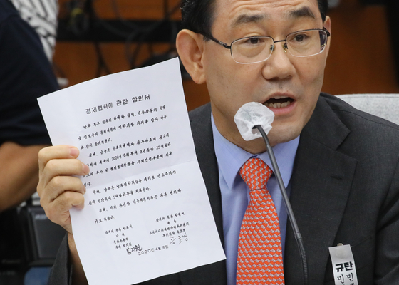 Rep. Joo Ho-young of the United Future Party shows a copy of what he called a secret deal signed by Park Jie-won in 2000, during Park's confirmation hearing on Monday to become the National Intelligence Service head. The document includes a promise to pay North Korea to arrange the historic inter-Korean summit.  [YONHAP} 