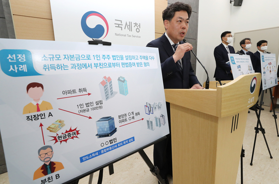 A National Tax Service (NTS) director announces an investigation into 413 owners of multiple houses accused of evading tax at the Sejong Government Complex on Tuesday. This group of people is suspected of having circumvented the law to have real estate transferred from affluent parents or relatives without paying a transfer tax or real estate tax. Sixty-two of them, for example, had zero source of income while 44 had little or less income but bought houses with money transferred from their parents. [YONHAP]