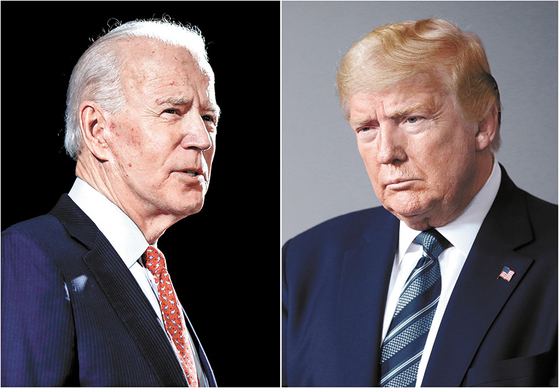 Former Vice President Joe Biden, left, the presumptive Democratic Party presidential nominee, in Delaware on March 12, left, and U.S. President Donald Trump at the White House in Washington on April 5. [AP/YONHAP]