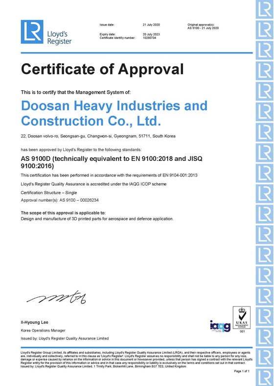 Doosan Heavy Industries & Construction received a certification to make parts for aerospace companies using 3D printing. [DOOSAN HEAVY INDUSTRIES & CONSTRUCTION] 