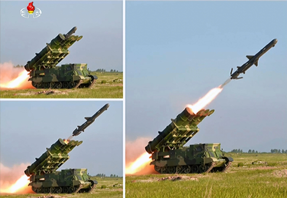 North Korean state television footage of a surface-to-ship cruise missile test on June 2017. The missile in question, Kumsong-3, may be similar to that tested by the regime on July 4 this year. [YONHAP]