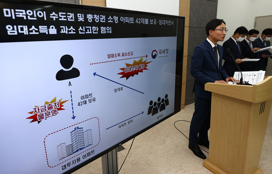  Lim Kwang-hyun, head of the National Tax Service's investigation bureau, describes some of the alleged tax dodging by foreign landlords at the government complex in Sejong on Monday. [YONHAP]