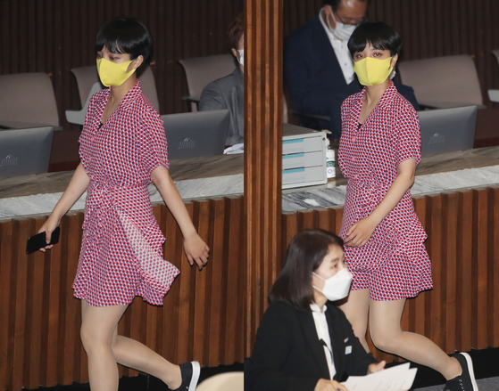 Justice Party Rep. Ryu Ho-jeong during the plenary session at the National Assembly on Tuesday. [YONHAP]