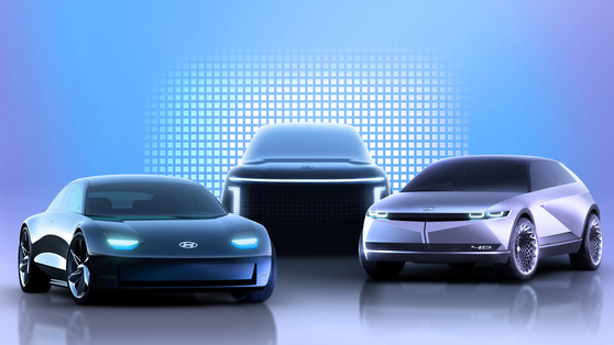 Computer-generated image of, from left, Hyundai Motor's Ioniq 6, Ioniq 7 and Ioniq 5. [HYUNDAI MOTOR]