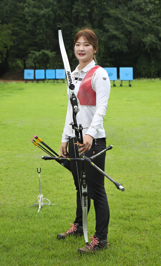 Archer Kang Chae-young poses for a photo at the Hyundai Mobis women's archer team's training site in Yongin, Gyeonggi, on Aug. 6. [PARK SANG-MOON]