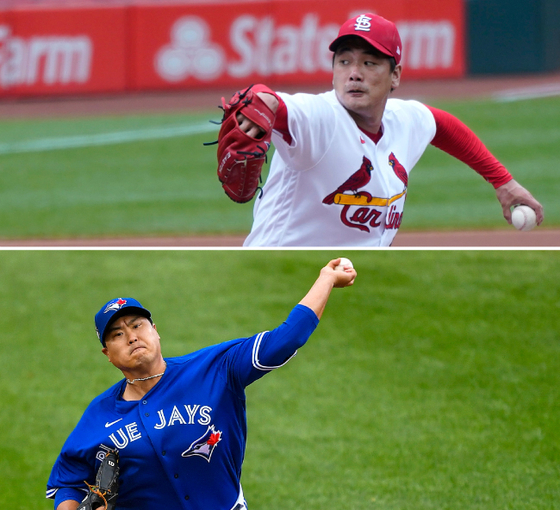 From top: Kim Kwang-hyun of the St. Louis Cardinals throws a pitch during a game against the Pittsburgh Pirates at Busch Stadium in Missouri on Thursday. Ryu Hyun-jin of the Toronto Blue Jays throws a pitch during a game against the Baltimore Orioles at Shalen Field in New York on Saturday. [AP/YONHAP]