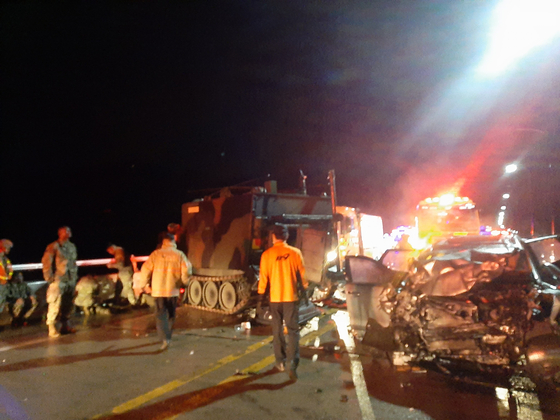 The accident site in Pocheon, Gyeonggi, where an SUV carrying four passengers hit the back of a U.S. armored vehicle Sunday morning. All four people were killed. [GYEONGGI NORTH FIRE DEPARTMENT]
