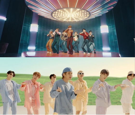 Captured images from BTS's music video for "Dynamite" [BIG HIT ENTERTAINMENT]
