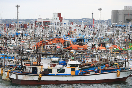 Hundreds of fishing vessels are docked in Seogwipo harbor in Jeju on Sunday due to the approach of Typhoon Haishen. [YONHAP]