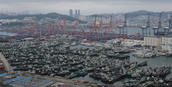 Fishing boats are secured at a port in Busan’s East District as the coastal city braces for yet another typhoon in less than a week with Haishen makes its way northward to the East Sea Sunday. Busan has barely begun recovery efforts after Maysak hit the city last week, and Typhoon Haishen was expected to pass through the waters between Jeju Island and Japan’s Kyushu region Monday. [SONG BONG-GEUN]