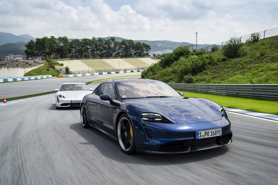 Porsche's Taycan is driven at the 2020 Porsche World Roadshow on Sept. 2 at the AMG Speedway in Yongin, Gyeonggi. [PORSCHE KOREA]