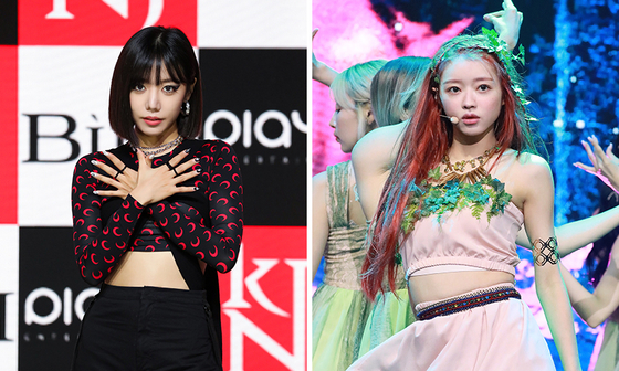 Kim Nam-joo of girl group Apink, left, and YooA of Oh My Girl [EACH AGENCY]