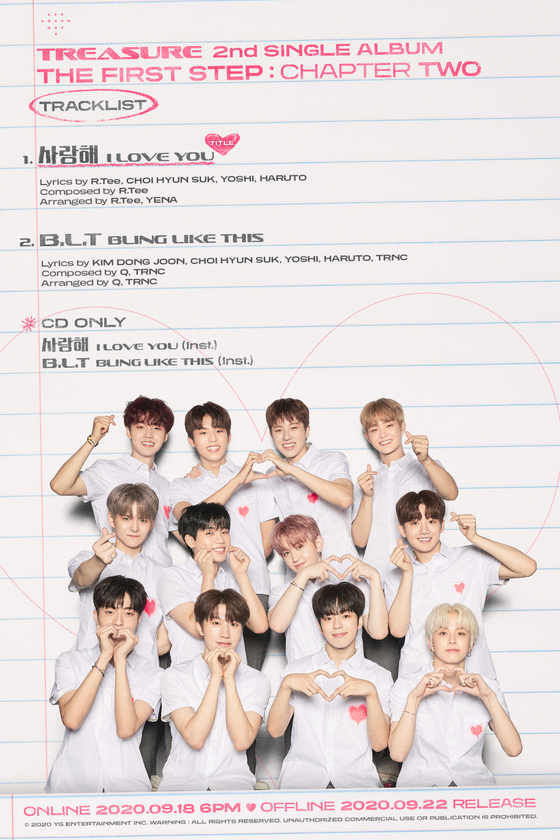 Track list poster of boy band Treasure's new single to drop on Sept. 18. [YG ENTERTAINMENT]