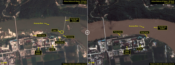 Satellite images published in a report by the North Korea analysis website 38 North show flooding along the Kuryong River bisecting the Yongbyon nuclear complex in late July and early August. [YONHAP]