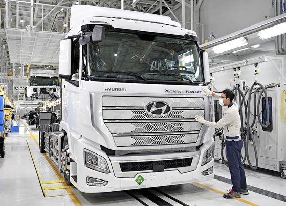 Hyundai Motor's Xcient Fuel Cell at the company's Jeonju plant in North Jeolla. [HYUNDAI MOTOR]