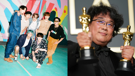 Korea recorded the first-ever half-year surplus in the trade of culture and arts copyrights, thanks to the global popularity of K-pop bands such as BTS, left, and of films including the Oscar-winning ’Parasite,“ right, the Culture Ministry said on Sunday. [BIG HIT ENTERTAINMENT, YONHAP]