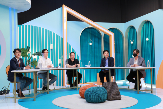 From left, Chief Executive Officer Lee Tae-hyun, Chief Product Officer Rhie Sang-woo, Chief Technology Officer Felix Cho, Chief Financial Officer Jeong Wook and Chief Risk Officer Lee Hee-joo at an online press event discussing the progress and future of their streaming platform Wavve in line with the one-year anniversary of its establishment. [WAVVE] 