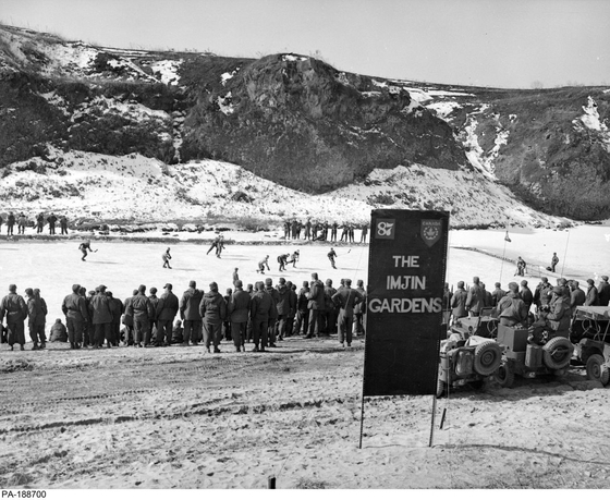 The Imjin Gardens, where hockey matches were held by Canadian soldiers on the Imjin River in Gyeonggi as a form of respite from the battles in March 1952. [GOVERNMENT OF CANADA]