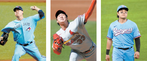 Ryu Hyun-jin of the Toronto Blue Jays, left, and Kim Kwang-hyun of the St. Louis Cardinals, center, were eliminated in the Wild Card Series. Choo Shin-soo,right, and the Texas Rangers failed to make the postseason. 