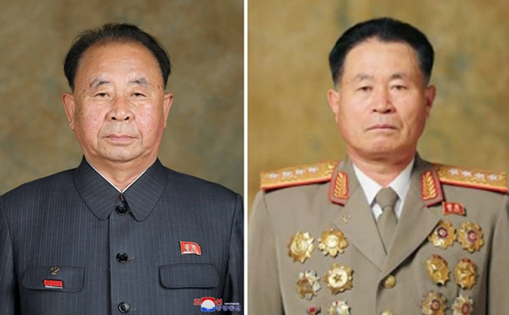 Ri Pyong-chol, left, and Pak Jong-chon, two of North Korean leader Kim Jong-un's most trusted military advisers, were appointed to the country's highest armed forces rank of Marshal on Monday. [YONHAP]