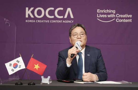 Kim Young-jun, president of Kocca, takes part in the press conference for the opening of the Vietnam Business Center via an online video call. [KOCCA]