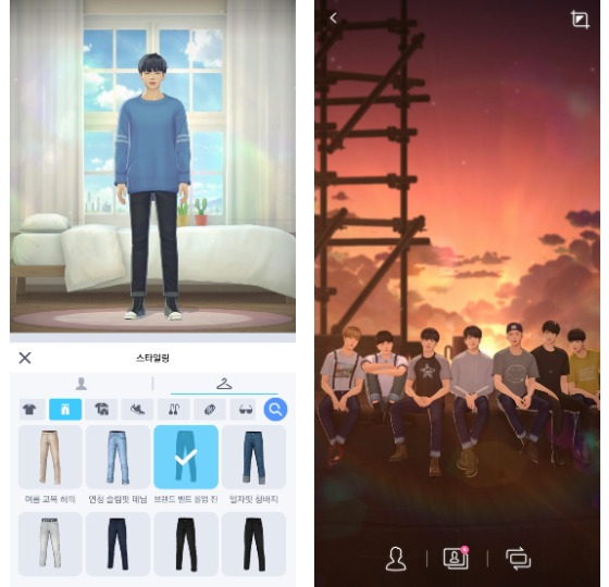 Users can change each members' outfits, left, and take pictures with them all together against different backgrounds, right. [NETMARBLE]