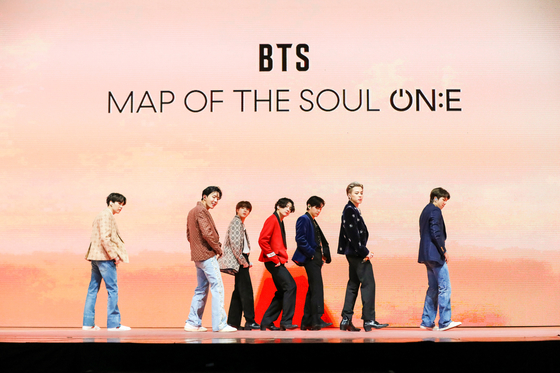 BTS performs during its second online concert ’BTS Map of the Soul ON:E“ held on Saturday. [BIG HIT ENTERTAINMENT]