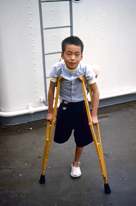 Kim Ju-whan in September 1953 on the day he was discharged from Jutlandia in this photo taken by a Danish nurse on board, Tove Jagd. [DANISH JUTLANDIA VETERANS]