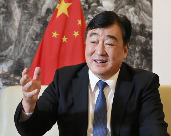 Chinese Ambassador to Seoul Xing Haiming sits for an interview with the Korea JoongAng Daily at the Chinese Embassy in central Seoul on Oct. 14. [PARK SANG-MOON] 