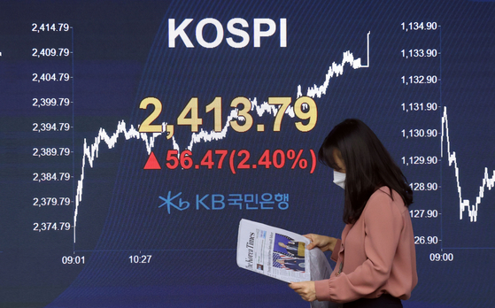 A screen shows the closing figure for the Kospi in a trading room in KB Kookmin Bank in Jung District, central Seoul, on Thursday. [YONHAP]