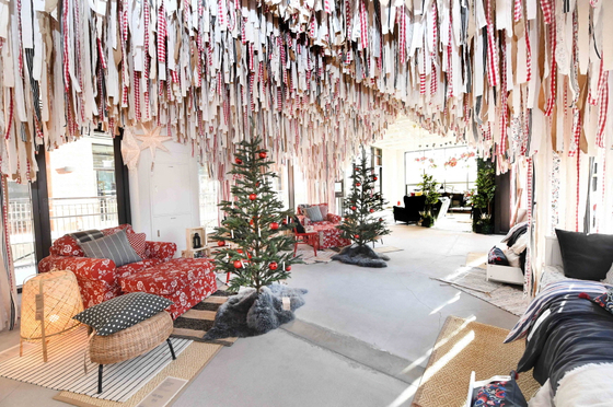Ikea Lab displays christmas tree ornaments made of leftover fabric. [IKEA KOREA]