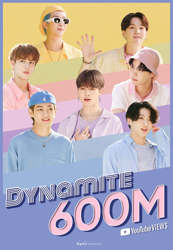 A promotional image celebrates the 600-million-YouTube-view milestone reached on Tuesday by the K-pop boy band BTS's official music video for its latest single "Dynamite." [BIG HIT ENTERTAINMENT]