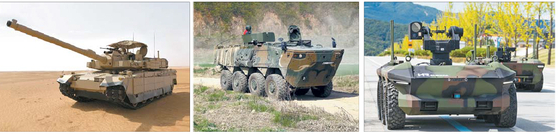 From left: K2 battle tank, wheeled armored vehicle, HR-Sherpa. [HYUNDAI ROTEM]