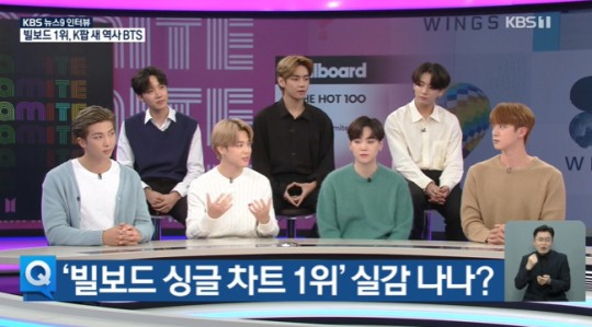 BTS appears on KBS News on Sept. 10 to share its thoughts on having won the first No. 1 spot on the Billboard Hot 100 singles chart with ″Dynamite.″ [KBS]