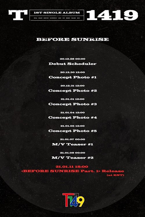 The upcoming schedule before the debut of T1419 is shown on the poster released on Monday. [MLD ENTERTAINMENT]