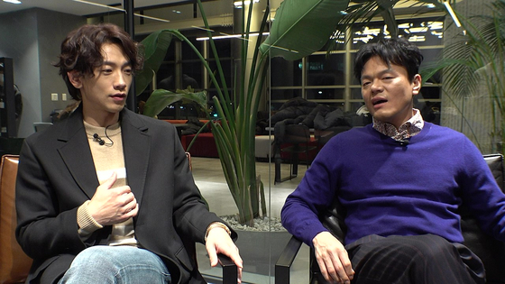 Singer Rain, left, and Park Jin-young discussing the theme of their music video ″Switch to Me″ in Rain's YouTube channel ″Season B Season.″ [YOUTUBE CAPTURE]