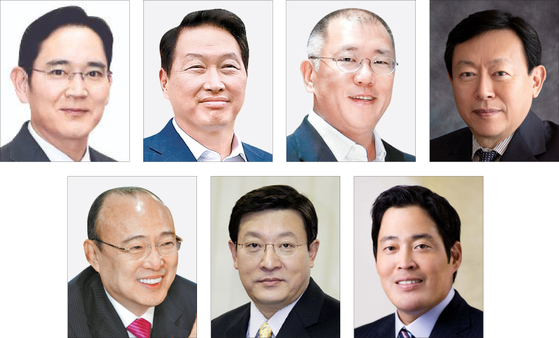 Clockwise from top left: Lee Jae-yong, Chey Tae-won, Euisun Chung, Shini Dong-bin, Chung Yong-jin, Huh Tae-soo, Kim Seung-youn