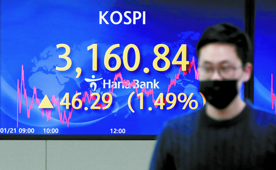 A digital screen at Hana Bank's dealing room in central Seoul shows the Kospi hit a record high Thursday closing at 3,160.84, up 46.29 points, or 1.49 percent, from the previous trading day. The index broke the previous record high it set nine trading days ago. [YONHAP] 