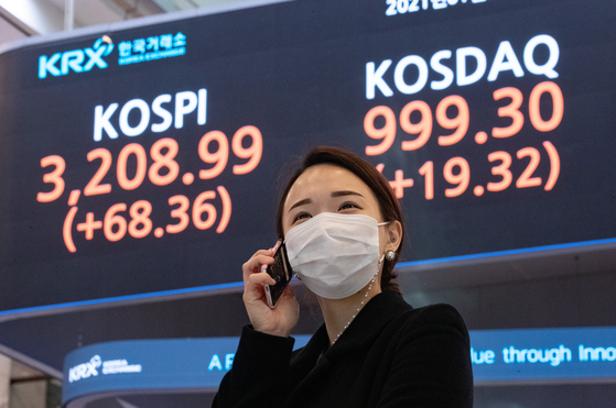 A digital signboard at the Korea Exchange in Yeouido, western Seoul, shows the Kospi closing at an all-time high of 3,208.99, up 68.36 points, or 2.18 percent, from the previous trading day on Monday. [NEWS1] 